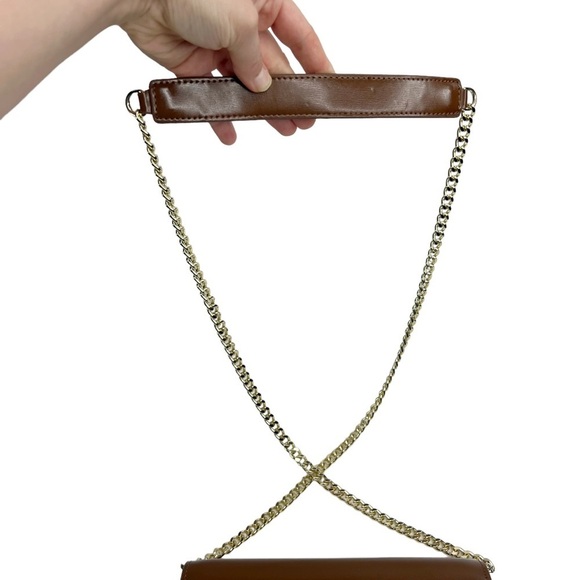 Faux Leather Brown Structured Gold Tone Horseshoe Chain Purse - Picture 6 of 13